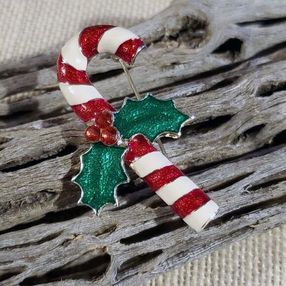 Y2K 90s Christmas Red White Candy Cane Holly Silver Enamel Sweater Pin Brooch - Picture 1 of 6